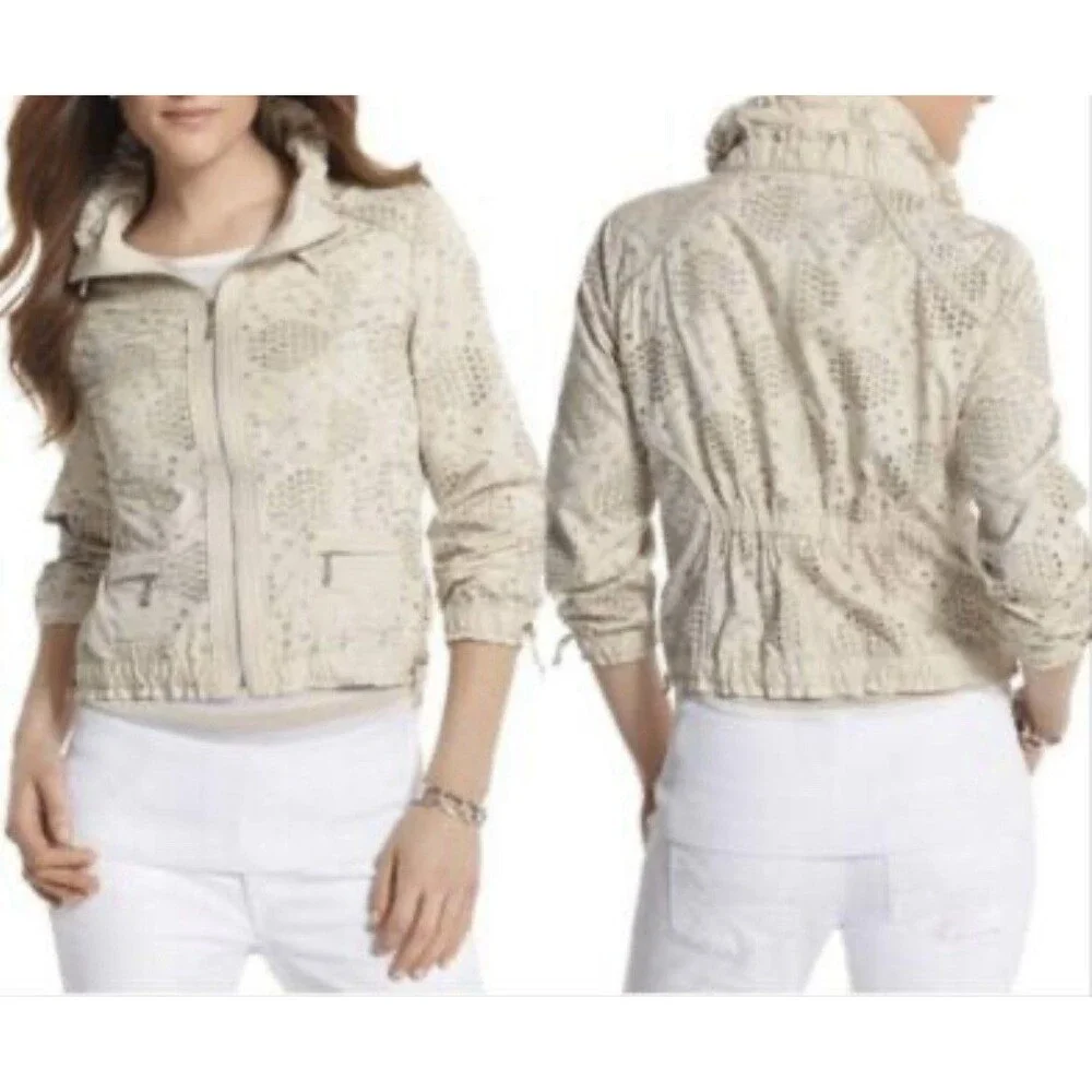 White House Black Market WHBM Sz 12 Beige Eyelet Jacket Full Zip Mock Neck Boho